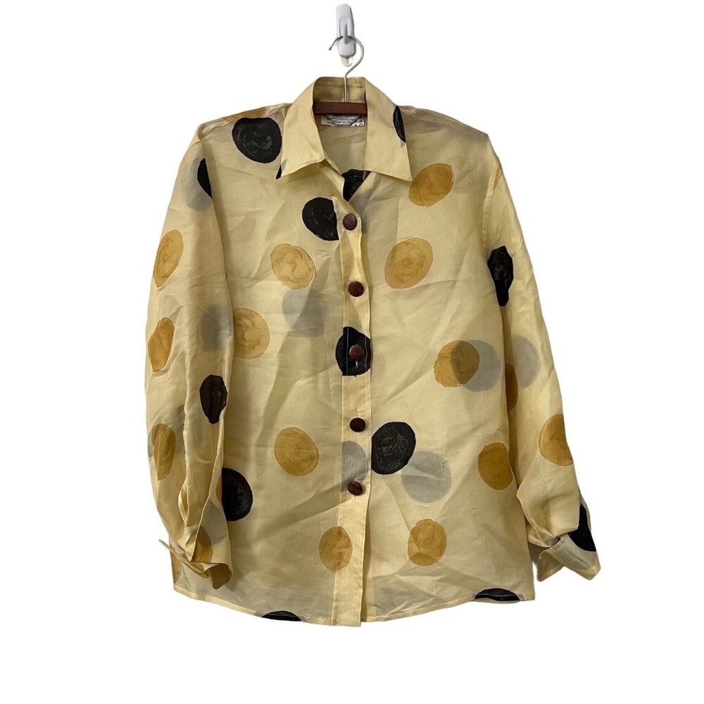 MaxMara Womens Beige Black Polka Dot Italy Silk Organza Button Shirt Blouse Sz 4 - Picture 1 of 6
